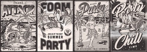 Summer holiday set posters monochrome