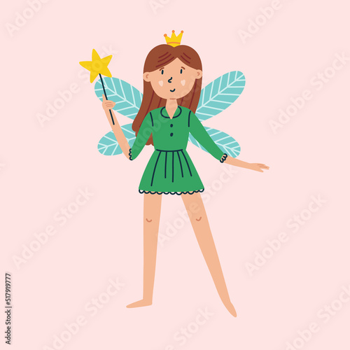Tooth Fairy with Magic Wand. Magic Fantasy Character Design in isolated clipart in doodle, cartoon, flat style on pink background