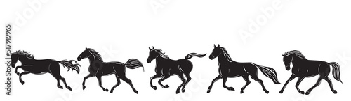 Photographie running horses silhouette set isolated, vector