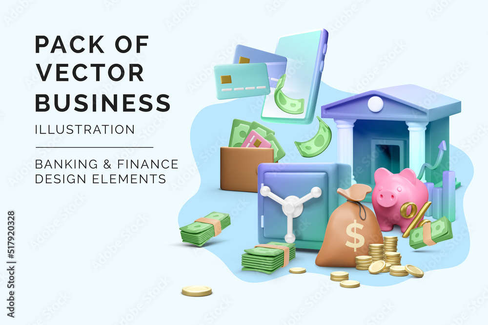 Obraz premium Set of 3D banking and finance icons. Render business objects in realistic cartoon style. Investment and success design element