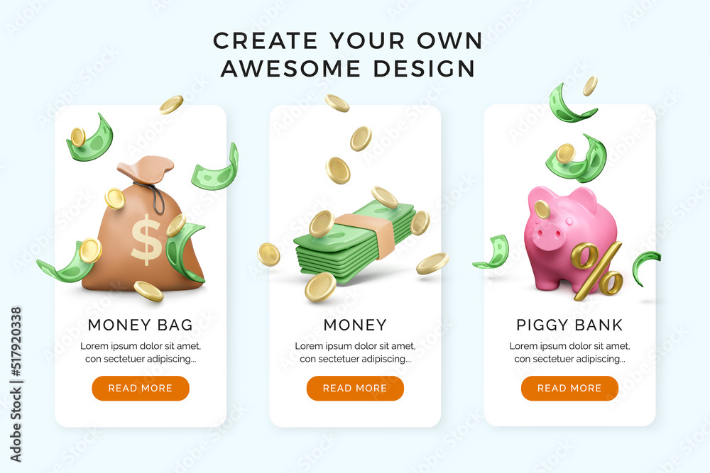 3D Money bag with falling gold coins and paper currency. Green wad of dollars and piggy bank with percent sign. Investment and business banner or template