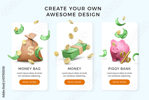3D Money bag with falling gold coins and paper currency. Green wad of dollars and piggy bank with percent sign. Investment and business banner or template