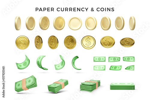 Set of 3D render gold coins and green paper currency. Wad of green dollars for business banners and concepts. Realistic money in cartoon style