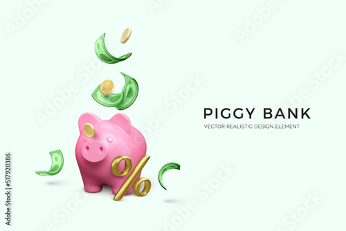 Pink piggy bank with gold percentage sign and golden coins paper currency. Investment and business. Saving money in bank account with good interest rate