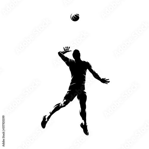 Volleyball player serves the ball, jump serve, abstract isolated vector silhouette, front view. Volleyball hitter