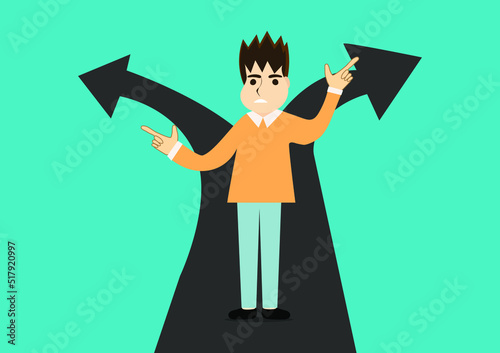 business Man opportunity or life choice idea.Man standing in street crossroad,modern flat gradient illustration for psychology guidance or career path concept.Lost person stuck between two decisions,
