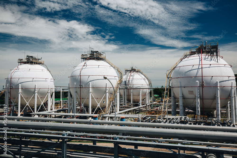 White spherical propane tanks containing fuel gas White spherical propane tanks containing fuel gas