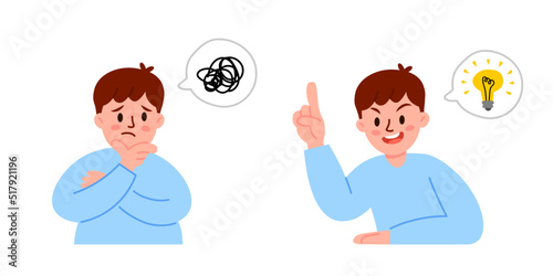 Man thinking and trying to find a solution with mess and happy with light bulb creative idea