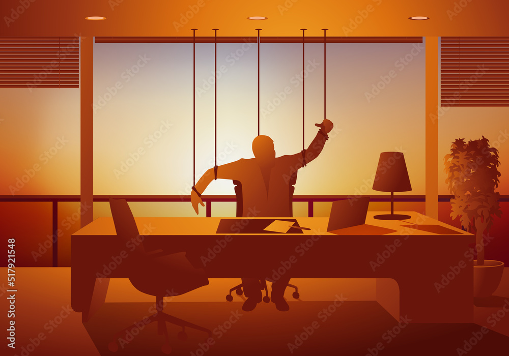 Concept de l’abus de pouvoir en entreprise, avec le symbole d’un homme assis derrière son bureau, qui est manipulé comme une marionnette.