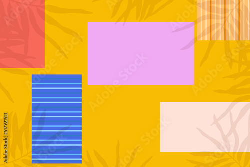 Summer background. Top view of beach towels with palm tree shadow. Vector flat design illustration. 