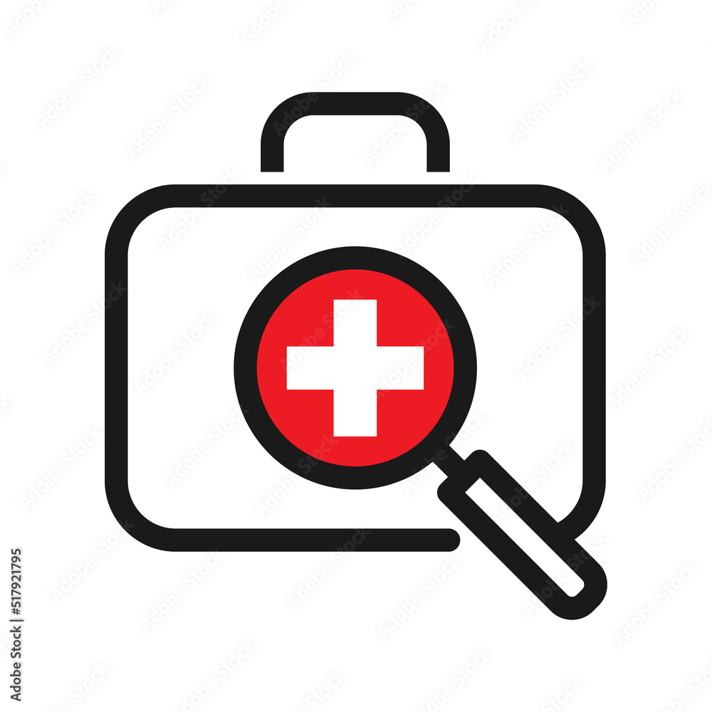magnifying glass with a first aid kit icon.