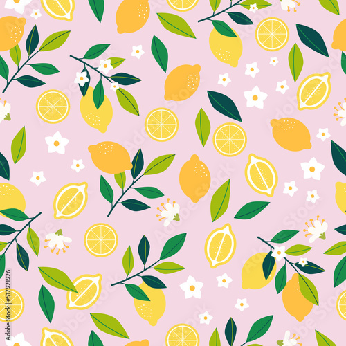 Vector citrus pattern. Lemon seamless background with lemon fruit, flowers, slices, leaves and branches. Summer fruit. 