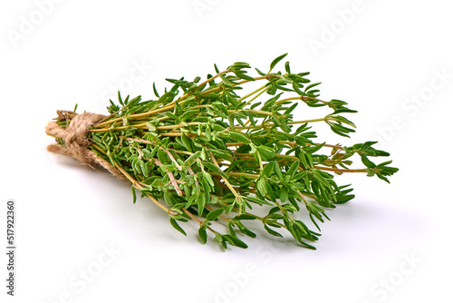 Fresh thyme sprigs, spice, close-up, isolated on white background.