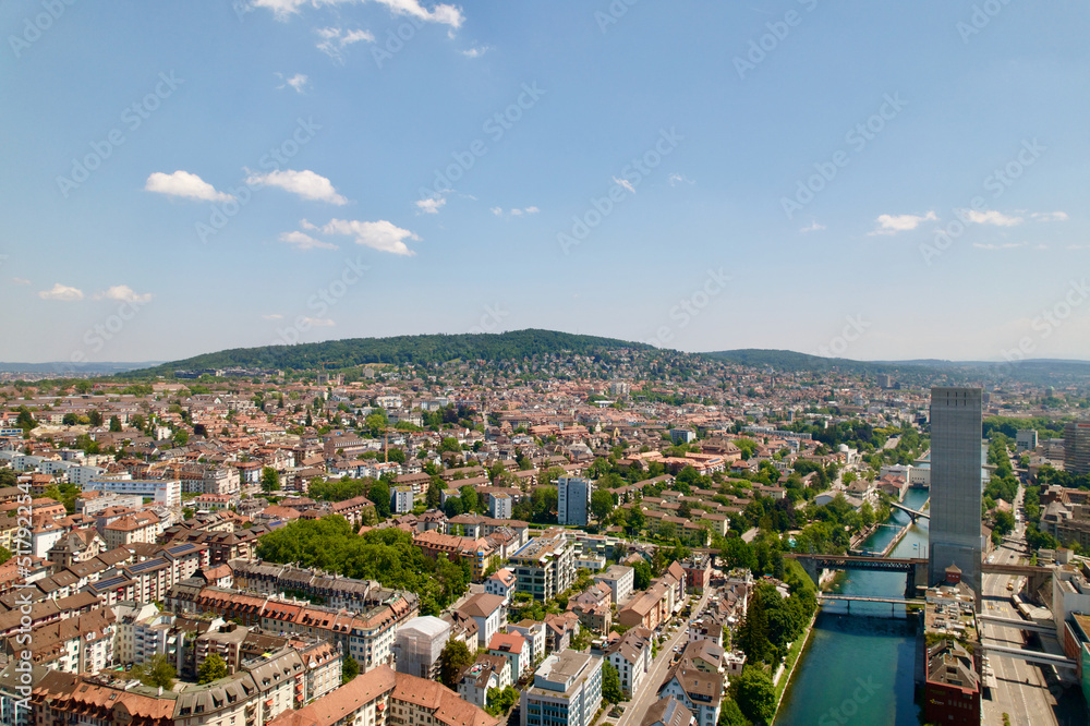 Aerial view of cityscape of City of Zürich with Limmat River on a sunny summer day. Photo taken June 20th, 2022, Zurich, Switzerland.