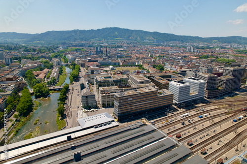 Aerial view of cityscape of City of Zürich with Sihl River on a sunny summer day. Photo taken June 20th, 2022, Zurich, Switzerland. photo