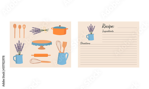 Modern Recipe card template set for cookbook. Menu Creator Vector Illustration. Pattern with Different Kitchen Utensils. Cooking Background
