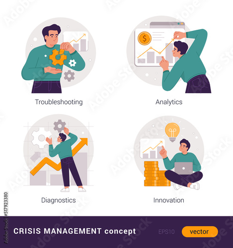 Anti-crisis management concepts. Flat modern style vector illustration of a young male doing analytics, troubleshooting, diagnostics, and innovating in business. Isolated on white