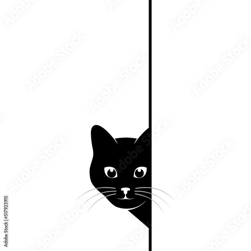 Cat is spying on you. Black cat is looking around the corner. Pet symbol. Vector illustration