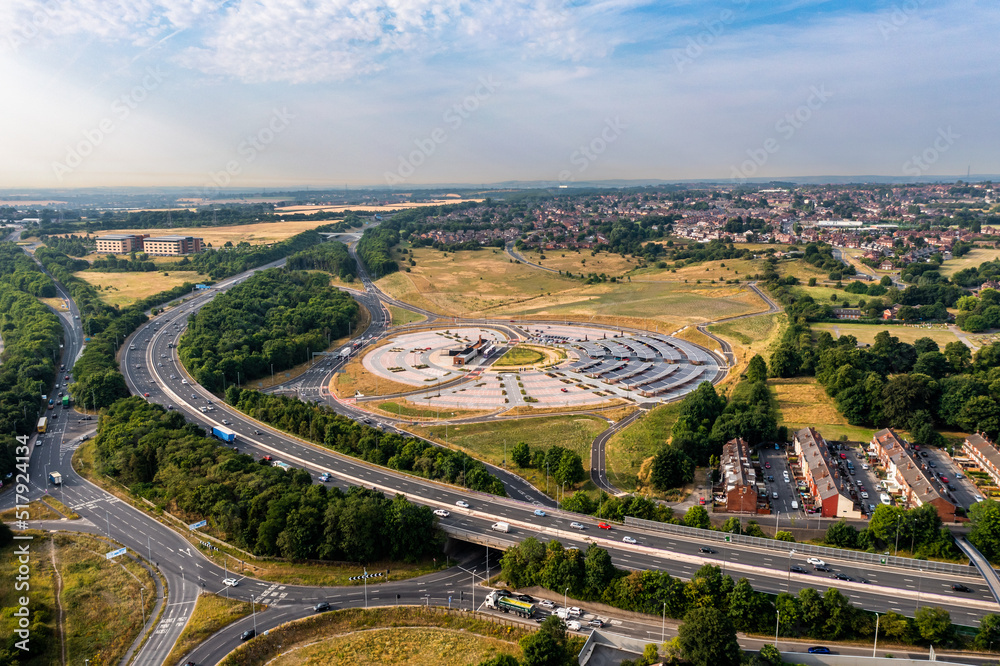 Aerial view of an out of town Park and Ride near Leeds, UK