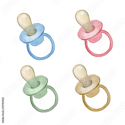 Set of cute watercolor colorful pacifiers photo