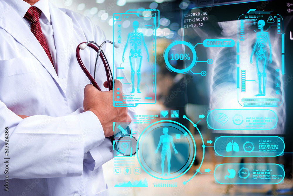 Fototapeta premium doctor with stethoscope at hospital and graphics of patient data, medical concept