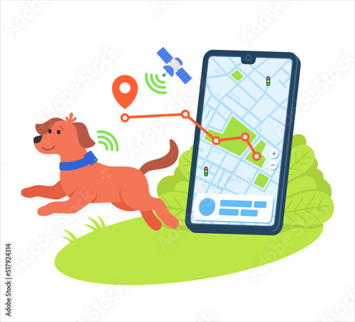 Dog pets collar tracker location gps satellite map online internet service vector illustration