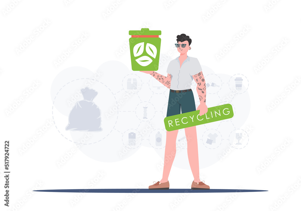 Obraz premium The concept of recycling and zero waste. A man holds an urn in his hands. Trendy character style. Vetcor.