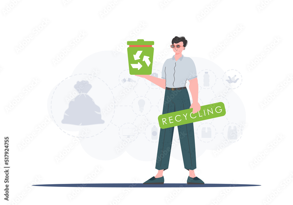 The concept of recycling and zero waste. Stylish man holding an urn in his hands. Vector illustration Flat trendy style. The concept of recycling and zero waste. Stylish man holding an urn in his hands. Vector illustration Flat trendy style.