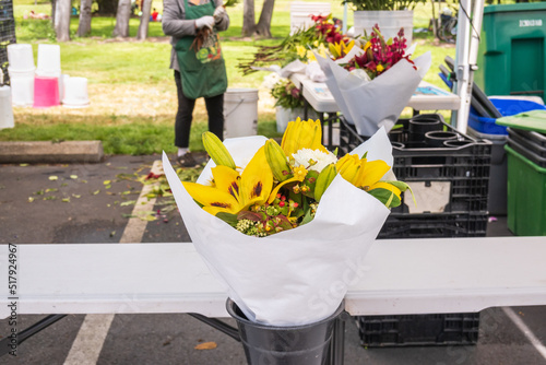 Bouquets of fresh cut flowers on sale at a stall in the Issaquah Farmers Market in July.
