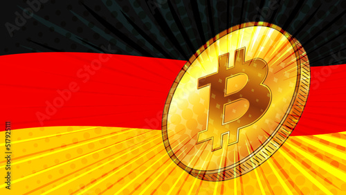 Gold coin of Bitcoin BTC and colored flag of Germany on background. Central Bank of Deutschland adopts laws on mining and digital assets.