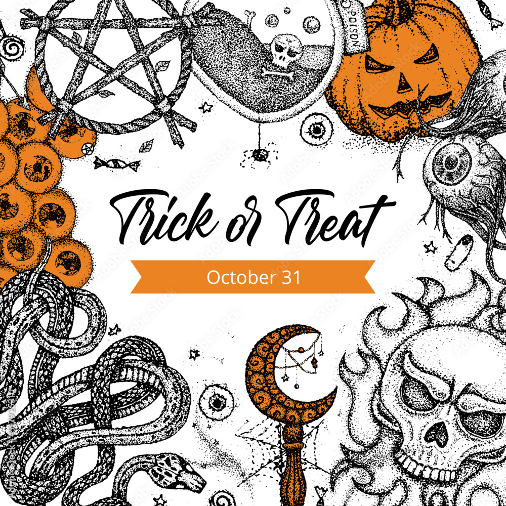 Obraz premium Trick Or Treat Dotwork Poster. Vector Illustration of Handdrawn Tattoo Sketch Concept.