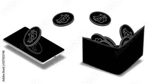 BTC coins fly from cellphone to wallet isometric silhouette isolated on white background. Concept of transferring bitcoin btc cryptocurrency to wallet using mobile phone.