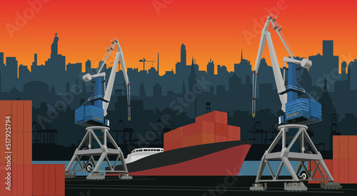 Commercial port with container ship at the pier and cargo cranes, city skyline on background with sunset. Cityscape and cargo port with cranes. Layers for parallax.