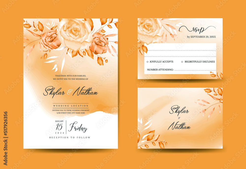 Elegant terracotta floral foliage wedding card and RSVP card templates

