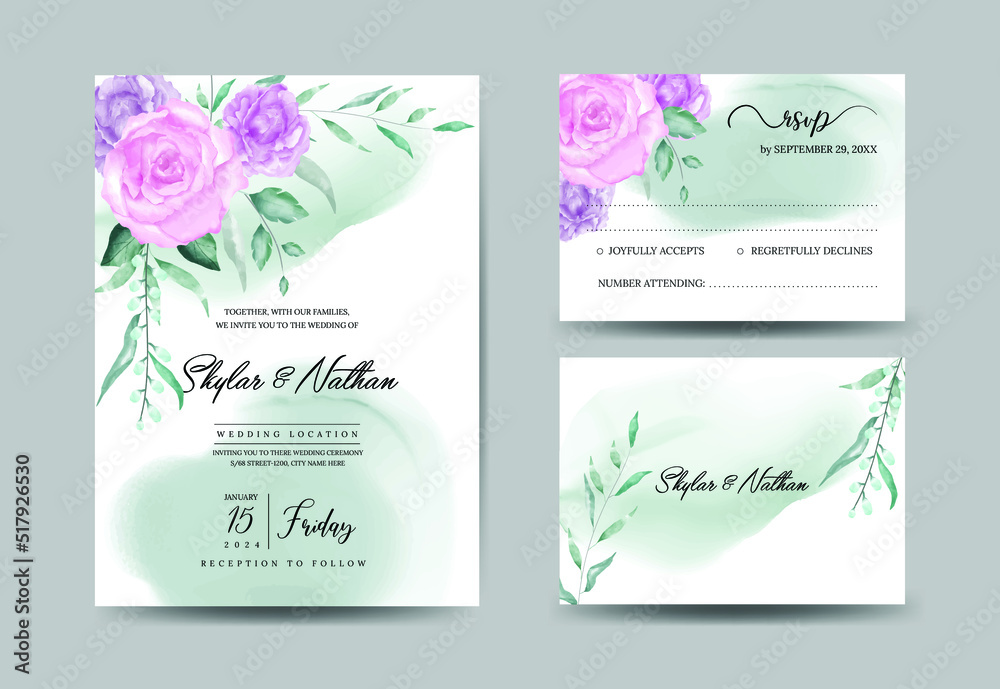 Greenery watercolor dusty rose wedding invitation set with eucalyptus