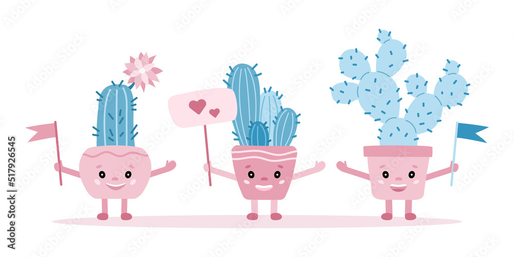 Obraz premium Cactus characters concept. Cute blue cacti with flags and a sign with hearts. Vector illustration for children and adults in cartoon style.