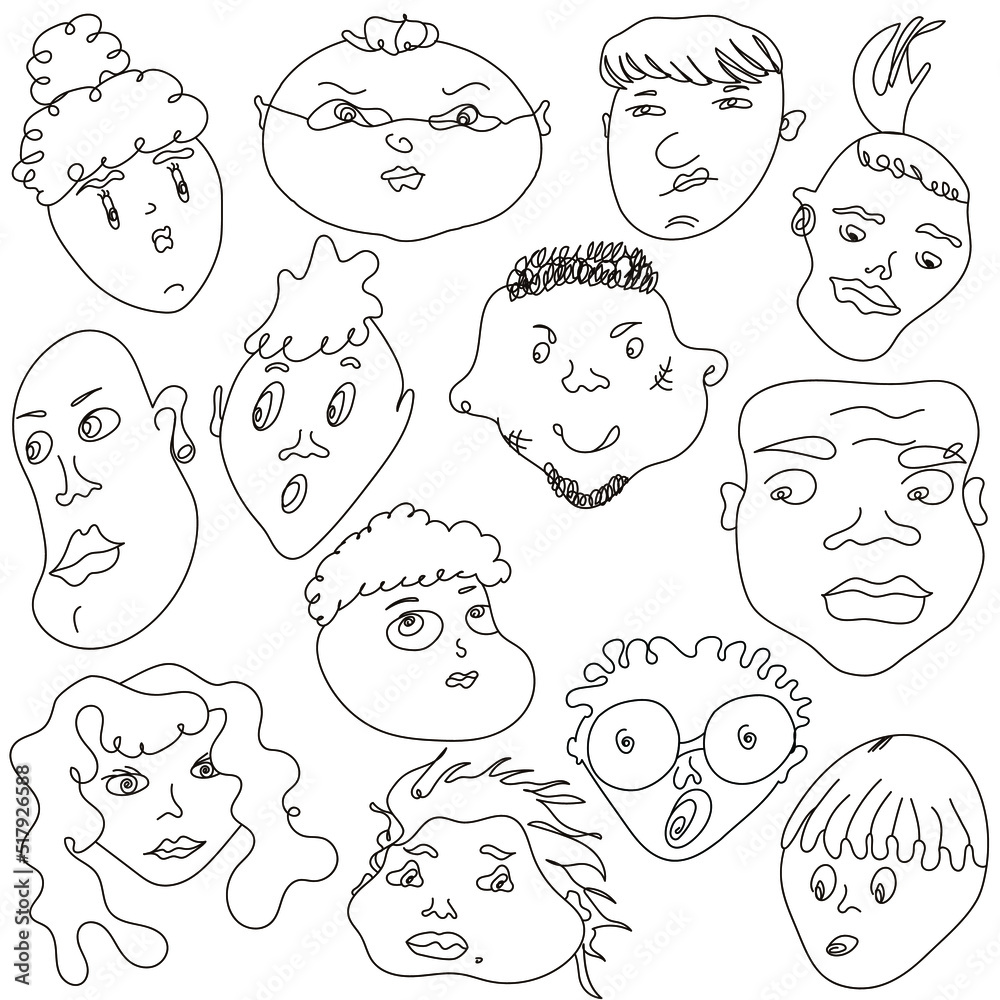 Set of male and female faces in black line on a white background. Illustration of human emotions and characters. Funny characters for books, cartoons, gift bags, stickers, print on clothes. Set of male and female faces in black line on a white background. Illustration of human emotions and characters. Funny characters for books, cartoons, gift bags, stickers, print on clothes.