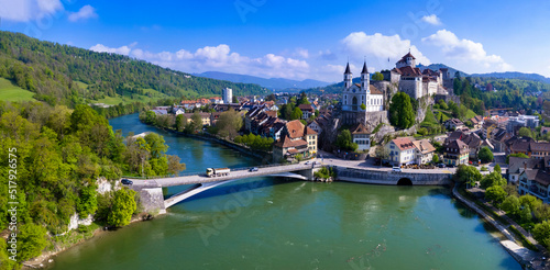 Switzerland travel and landmarks. Aarburg aerial drone view. old medieval town with impressive castle and cathedral over rock. Canton Aargau, Bern province