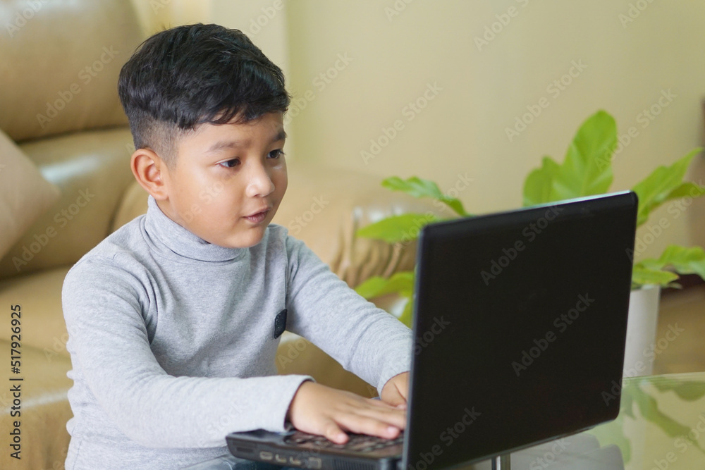 The Asian boy focusing working on laptop and have a cute smile The Asian boy focusing working on laptop and have a cute smile