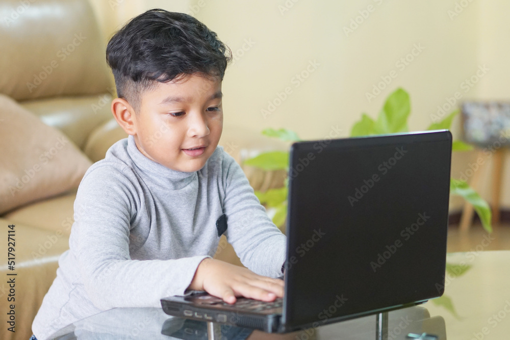 The Asian boy focusing working on laptop and have a cute smile The Asian boy focusing working on laptop and have a cute smile