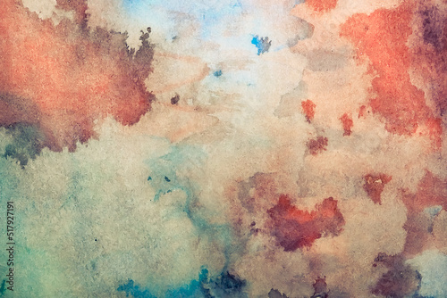 Abstract painted watercolor brown and turquoise decorative textured background with blots © anastasiya