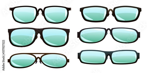 Set of eyeglasses. Optical instrument for better seeing. Object isolated on white background. Vector