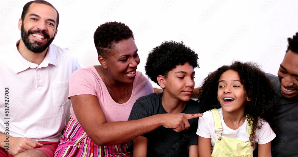 Obraz premium Family waving hello to camera speaking video conference POV