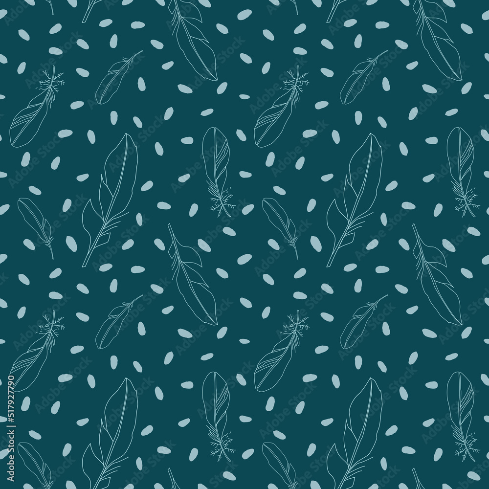 Hand drawn feather and oval spot seamless pattern. 