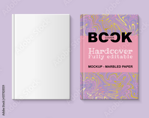 Fully editable book mockup. Book cover with marbled paper in coral  purple and gold tones