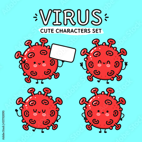 Funny cute happy virus characters bundle set. Vector hand drawn doodle style cartoon character illustration icon design. Isolated on blue background. Cute virus mascot character collection