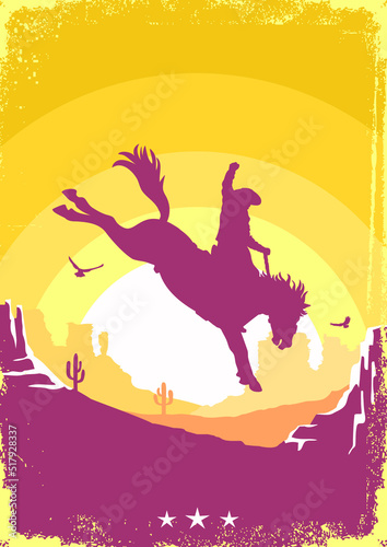 Cowboy silhouette driving wild horse rodeo. Vector Arizona desert poster background for text. Wild West illustration on American desert sunset abstract landscape on old paper texture