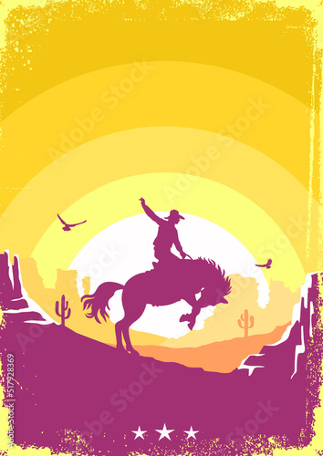 Cowboy silhouette driving wild horse rodeo. Vector Arizona desert poster background for text. Wild West illustration on American desert sunset abstract landscape on old paper texture