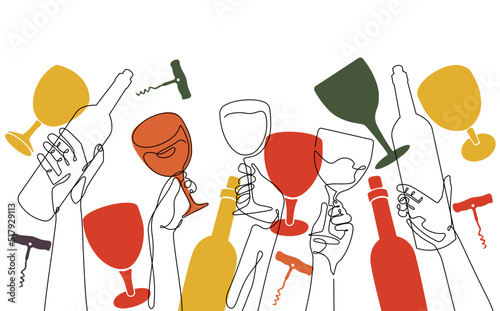 Pattern with Bottles, Glasses and corkscrew. Abstract Wine background. Vector illustration.