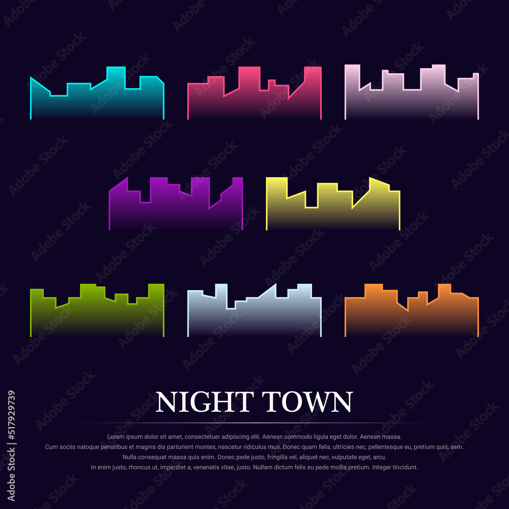 Set of seamless panorama of skyscrapers roof silhouettes in the evening. Vector illustration.